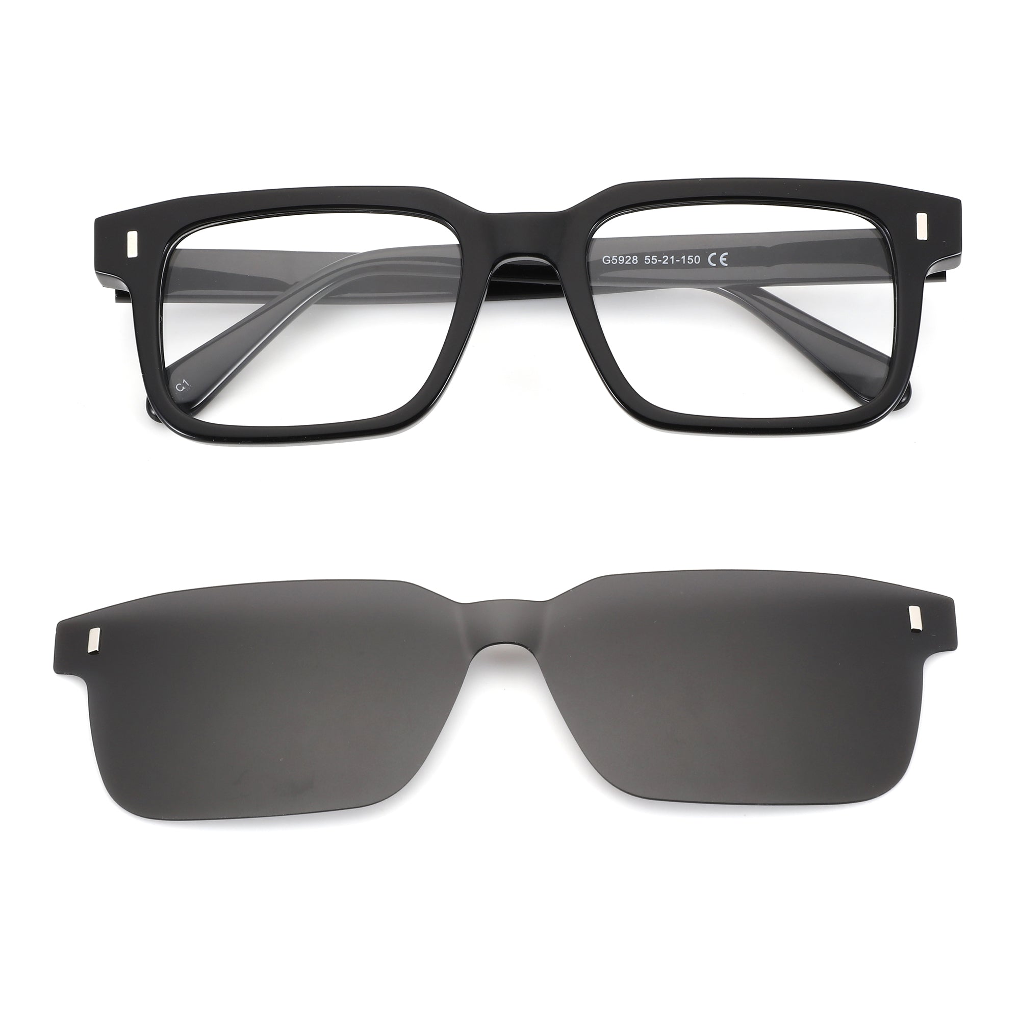Zenottic Egbert black acetate square glasses with detachable dark gray UV protection clip-on lenses.