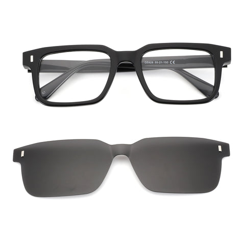 Zenottic Egbert black acetate square glasses with detachable dark gray UV protection clip-on lenses.