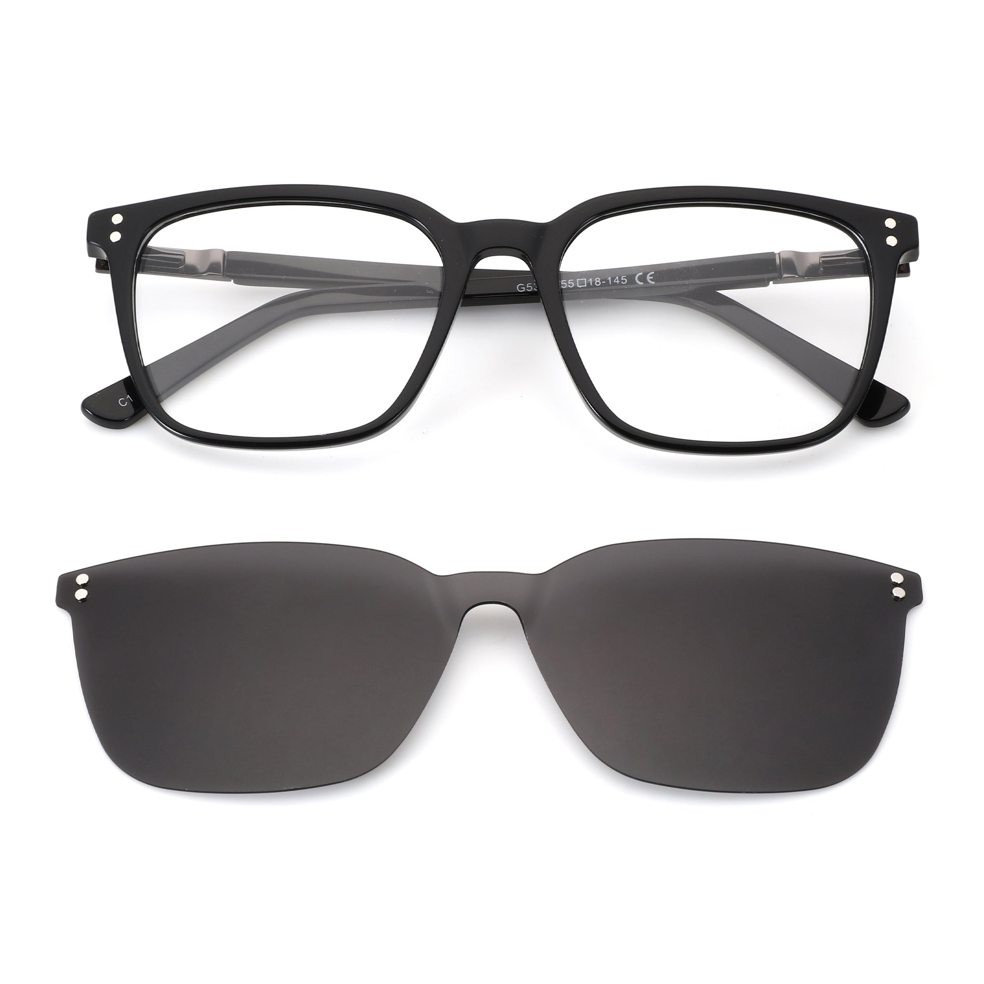 Zenottic Quaid black acetate square frame glasses with clip-on sunglasses lens