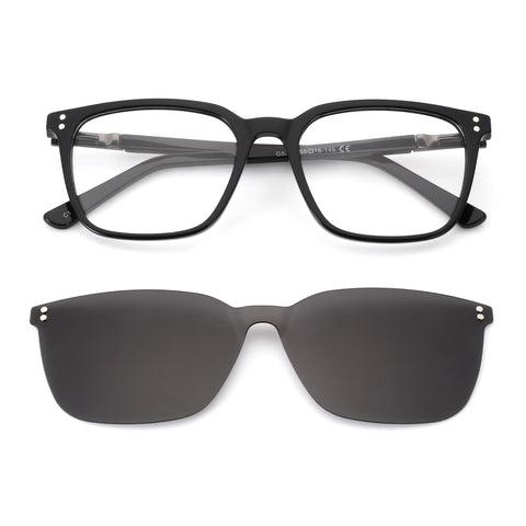 Zenottic Quaid black acetate square frame glasses with clip-on sunglasses lens