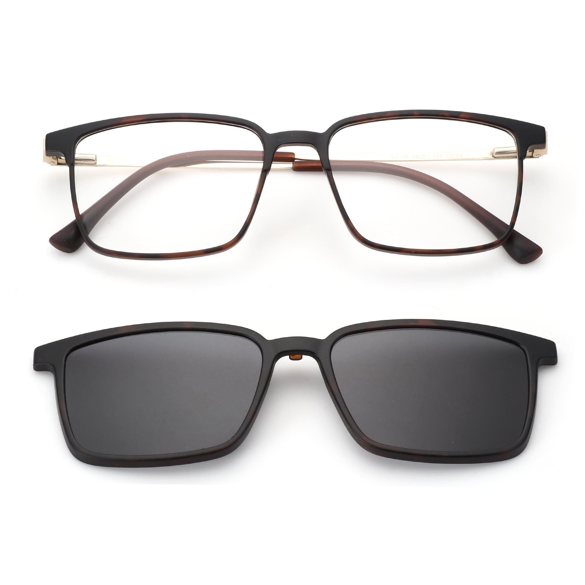 Zenottic Colin sunglasses with clip-on, brown tortoise frame, square shape, and dark lenses, stylish for men.