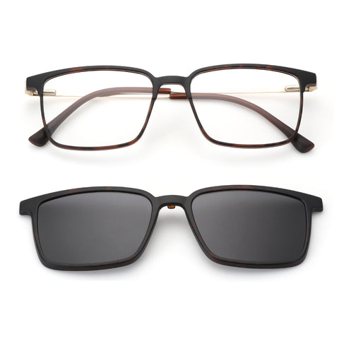 Zenottic Colin sunglasses with clip-on, brown tortoise frame, square shape, and dark lenses, stylish for men.