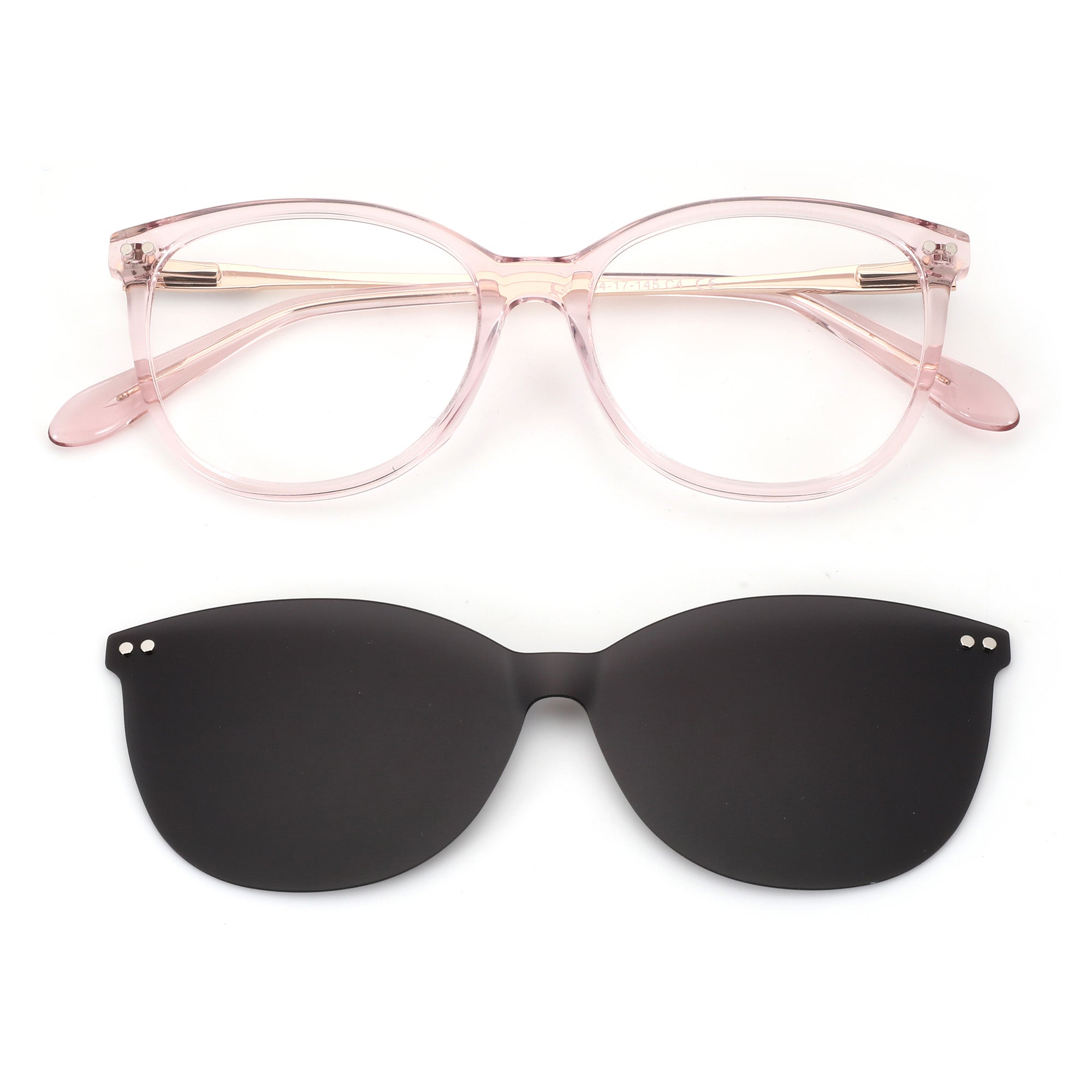 Zenottic Odelette pink acetate frame eyeglasses with a magnetic clip-on dark lens.