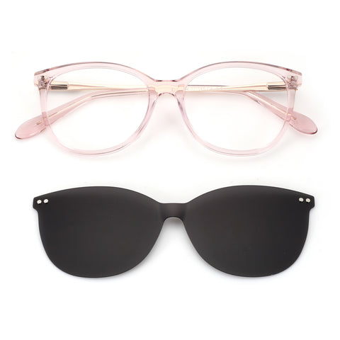 Zenottic Odelette pink acetate frame eyeglasses with a magnetic clip-on dark lens.