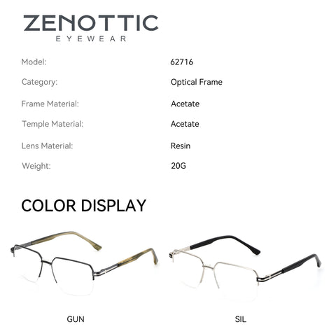 Zenottic Finn eyeglasses in gunmetal/olive and silver/black. Geometric full-rim frames.