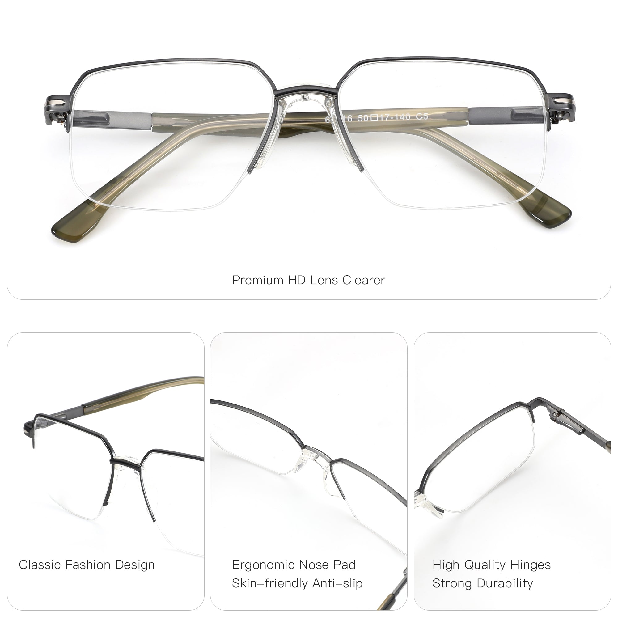 Zenottic Finn gunmetal full-rim geometric eyeglasses with olive green temples and clear lenses.