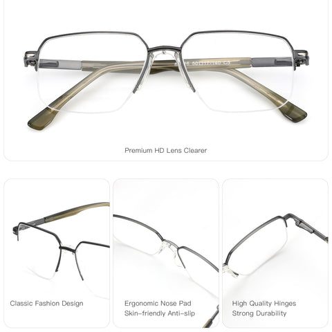Zenottic Finn gunmetal full-rim geometric eyeglasses with olive green temples and clear lenses.
