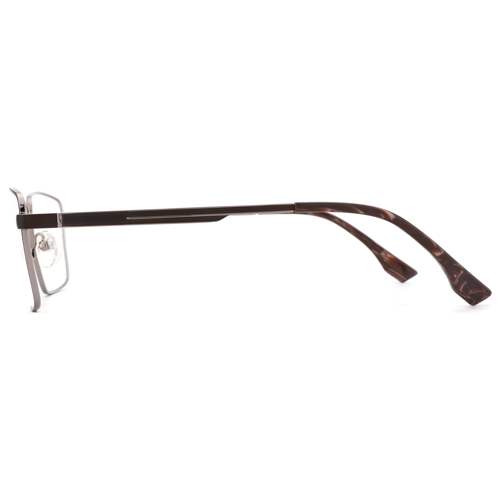 ZENOTTIC Elwin eyeglasses: gunmetal square metal front, brown marbled plastic temples.