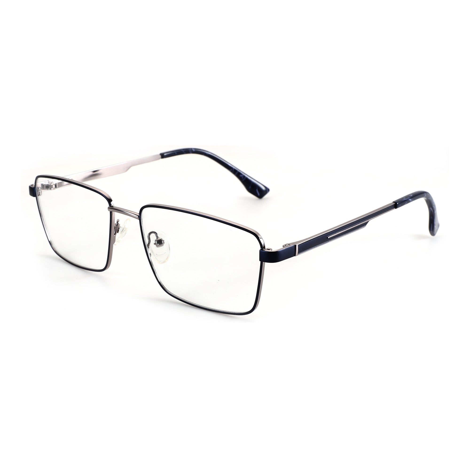 ZENOTTIC Elwin affordable metal eyeglasses, clear rectangular lenses, blue marbled temples.