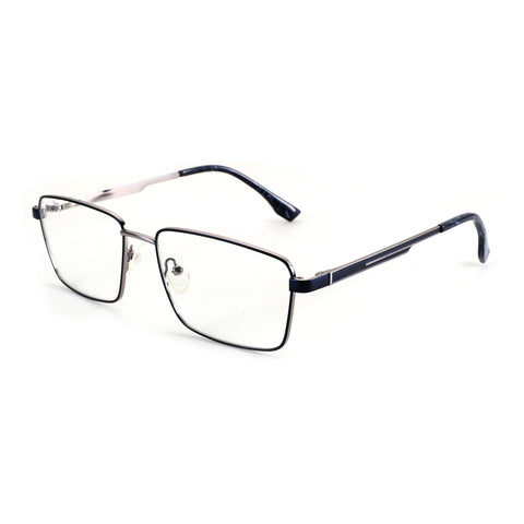 ZENOTTIC Elwin affordable metal eyeglasses, clear rectangular lenses, blue marbled temples.