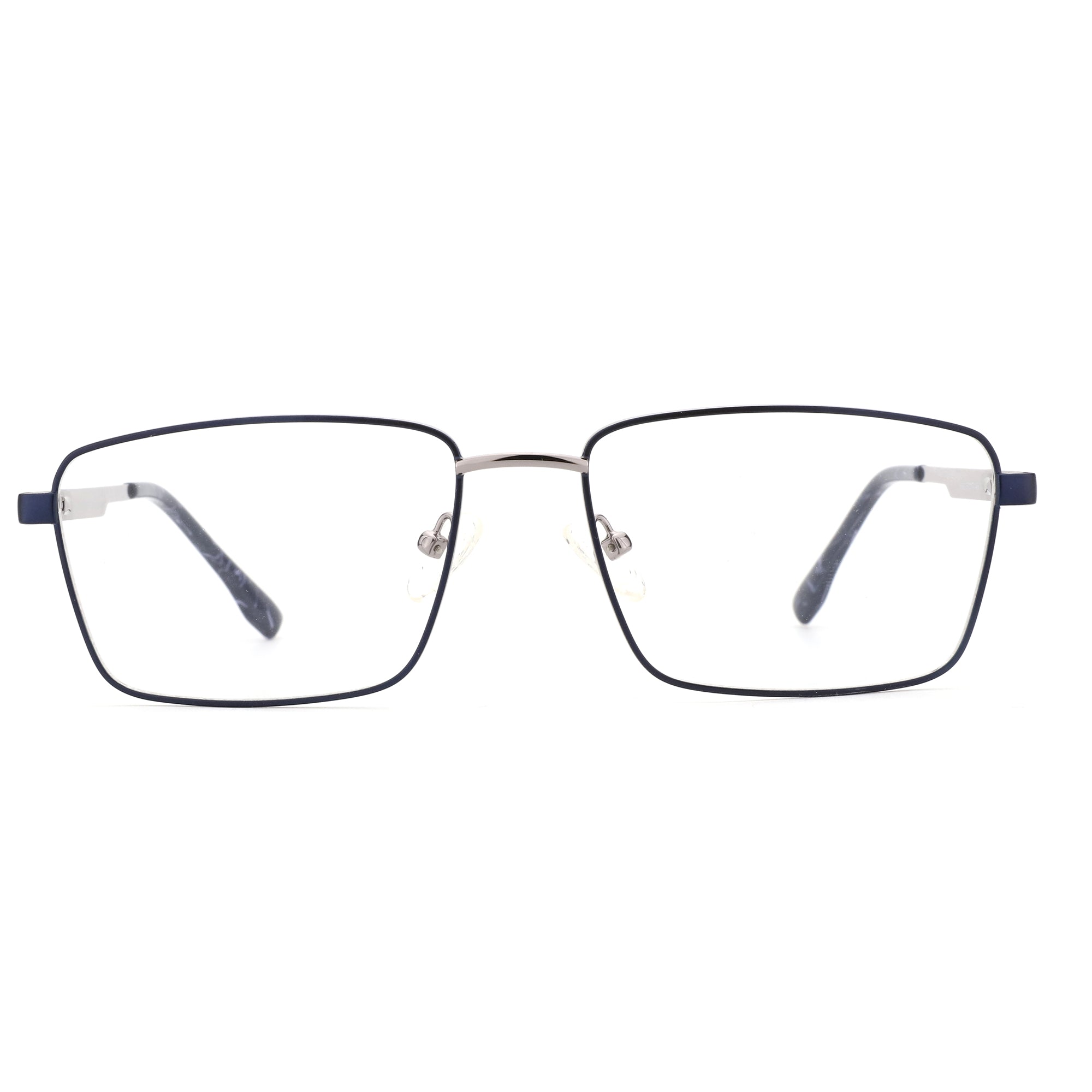 ZENOTTIC Elwin eyeglasses, classic square metal frames in dark blue with silver details.