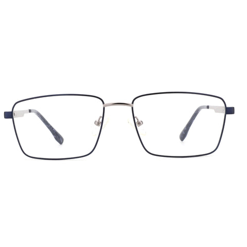 ZENOTTIC Elwin eyeglasses, classic square metal frames in dark blue with silver details.