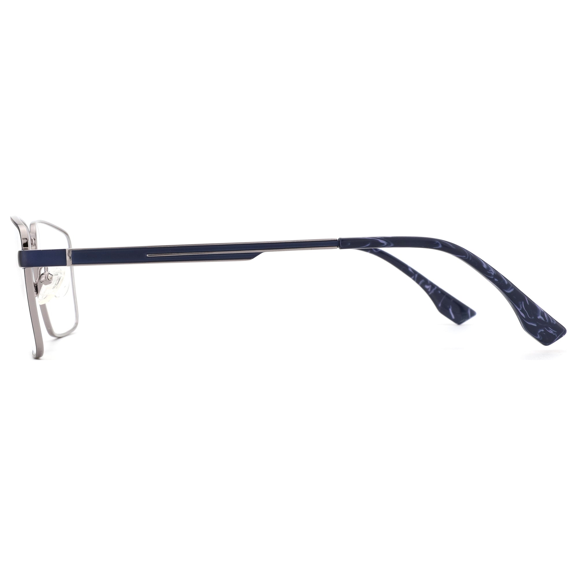 ZENOTTIC Elwin eyeglasses: gunmetal metal square frame with navy marbled temples.