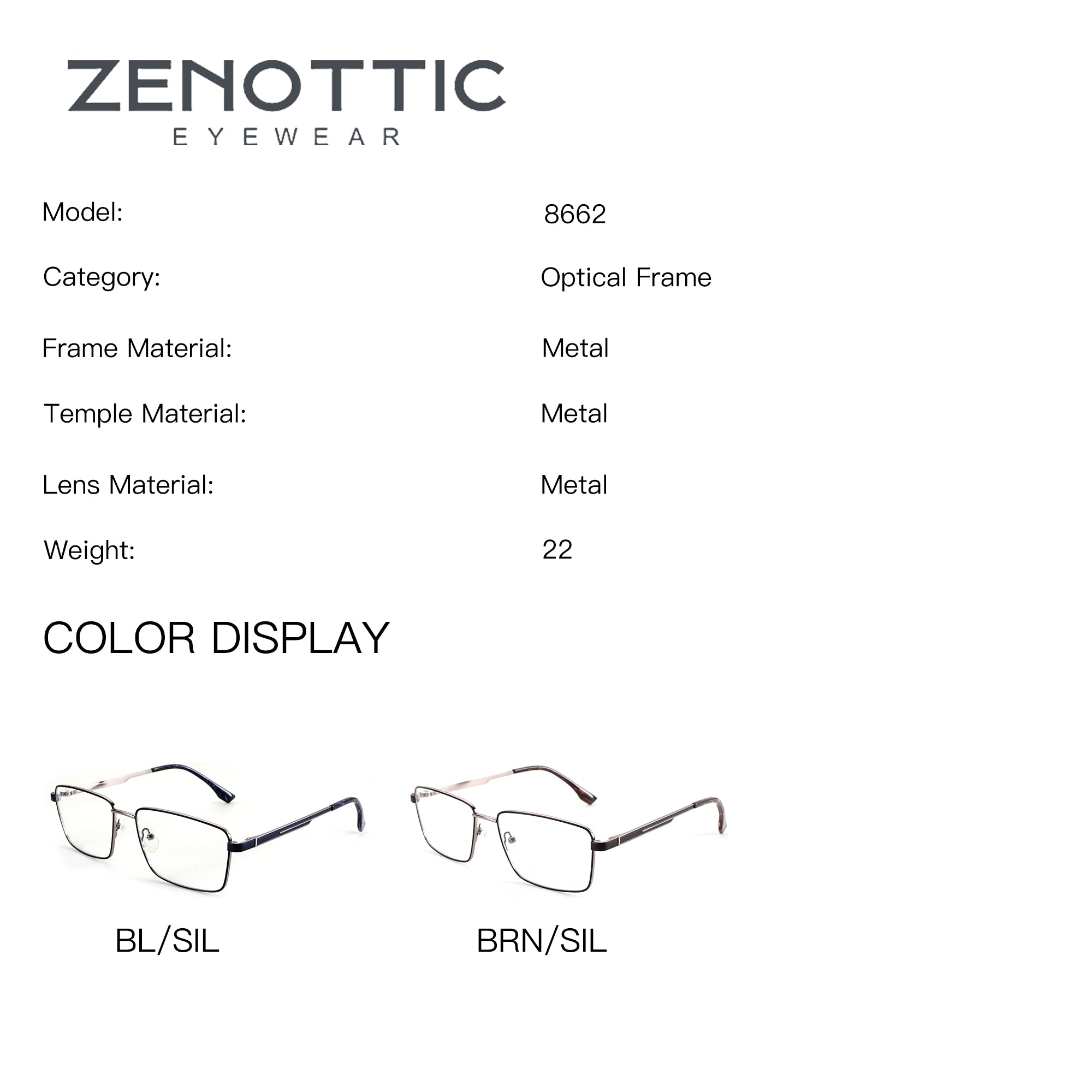 ZENOTTIC Elwin eyeglasses, model 8662 metal square frames in BL/SIL and BRN/SIL.