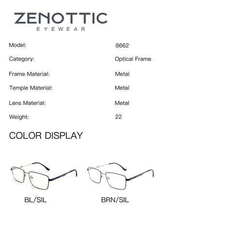 ZENOTTIC Elwin eyeglasses, model 8662 metal square frames in BL/SIL and BRN/SIL.