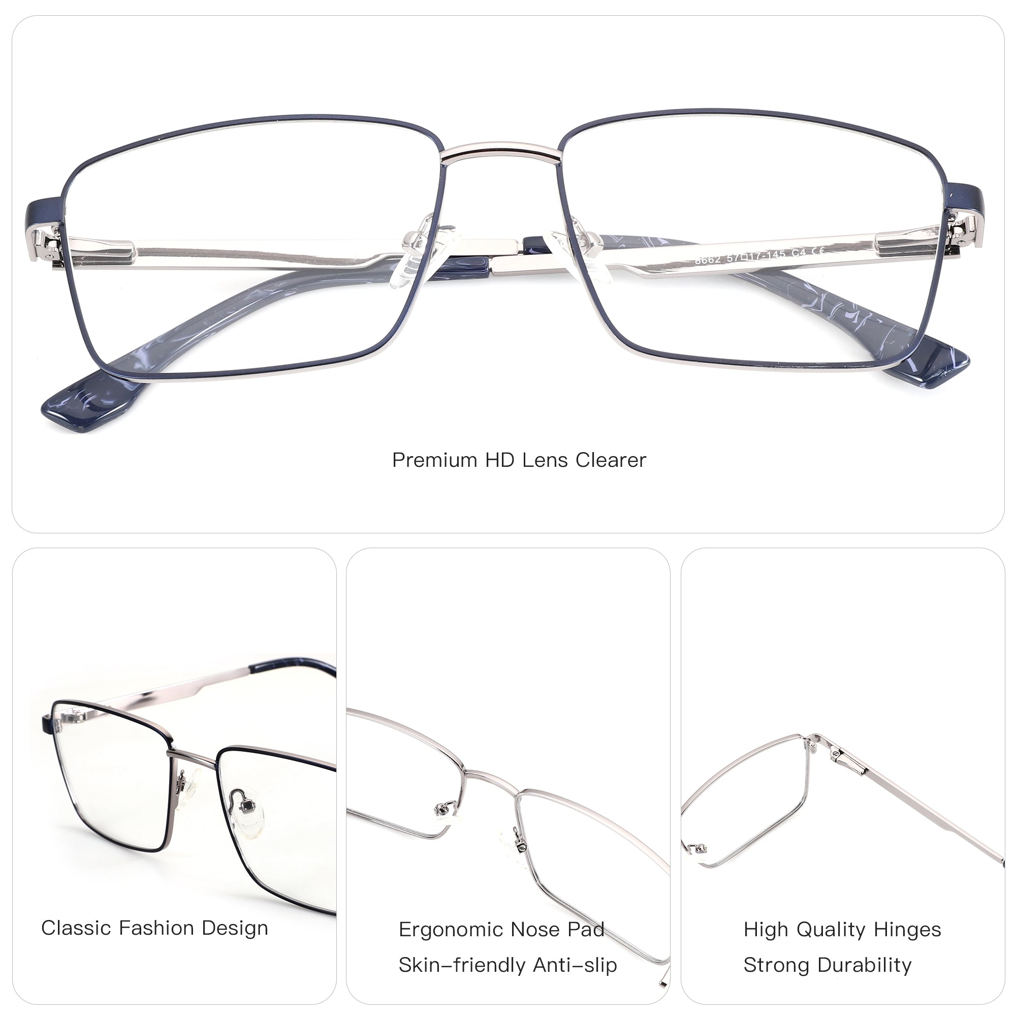 ZENOTTIC Elwin eyeglasses: Navy blue metal square frame, clear lenses, classic design.