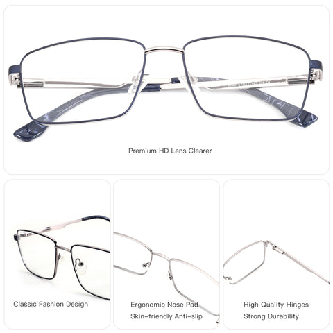 ZENOTTIC Elwin eyeglasses: Navy blue metal square frame, clear lenses, classic design.