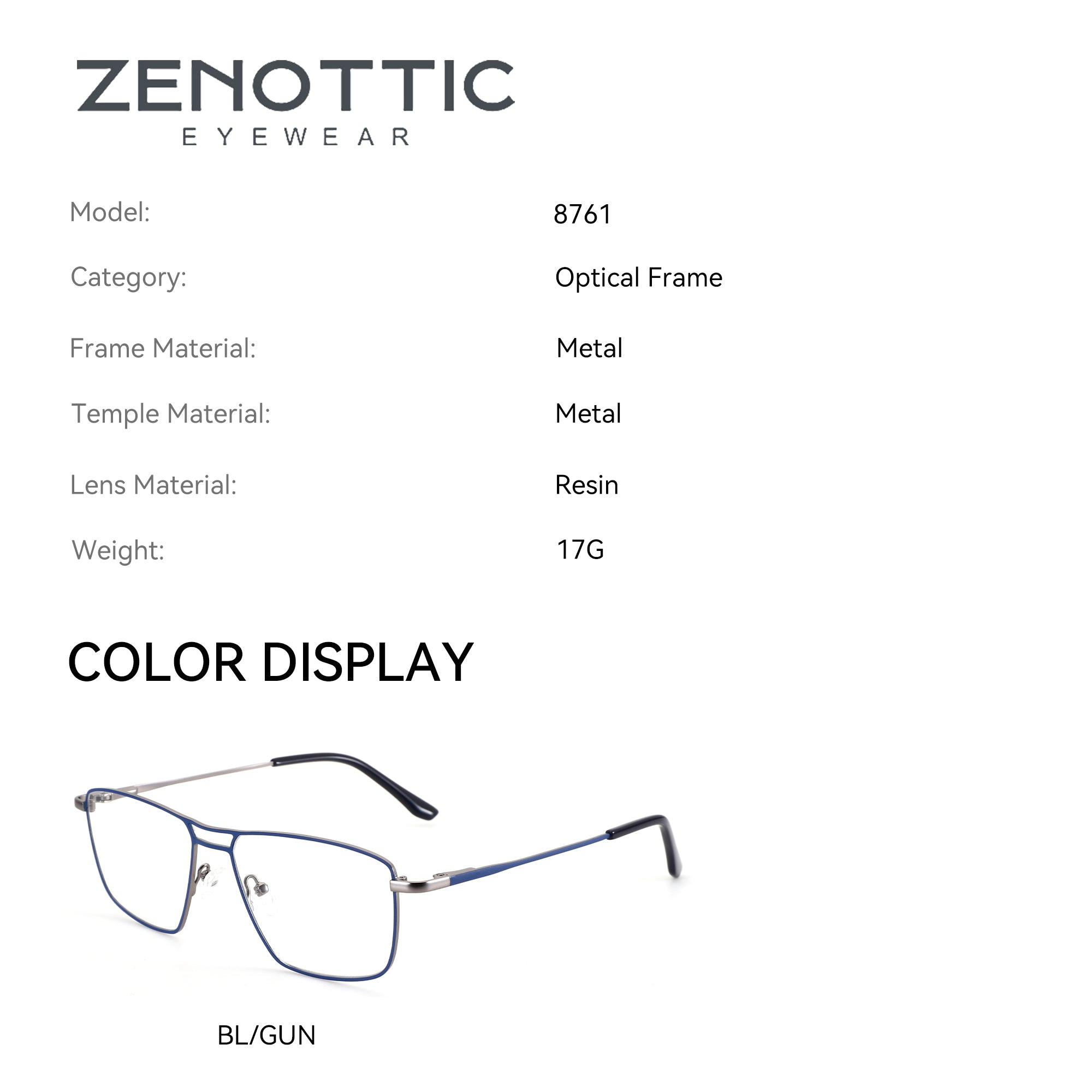 Zenottic Dustin model 8761 eyeglasses with blue metal frame and gun metal temples.