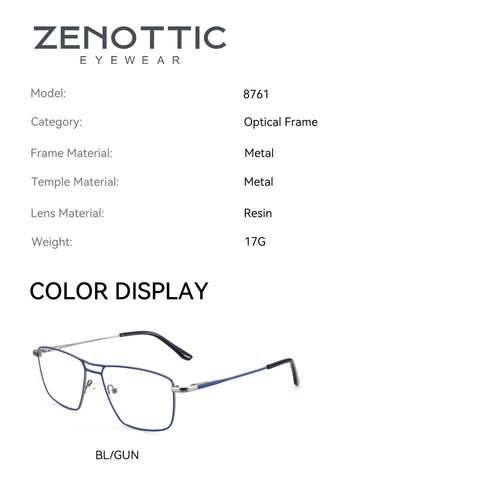 Zenottic Dustin model 8761 eyeglasses with blue metal frame and gun metal temples.
