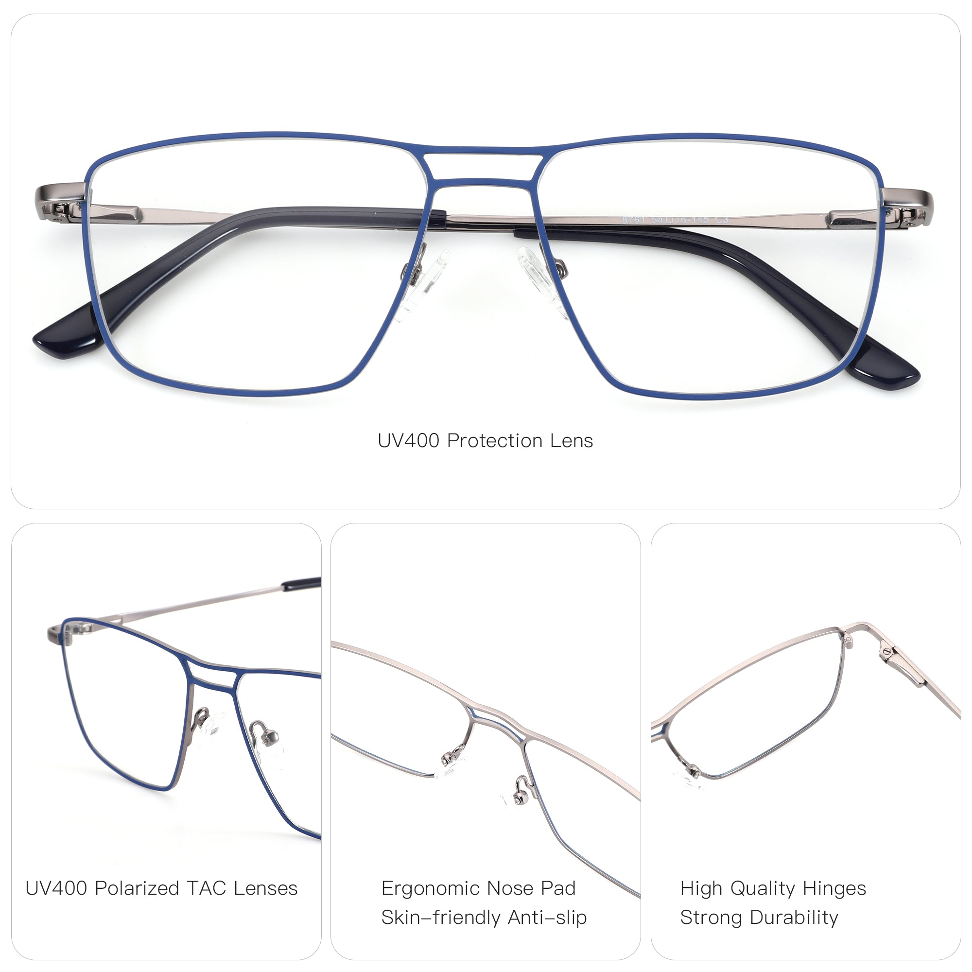 Zenottic Dustin eyeglasses: blue metal frame, silver temples, UV400 lenses, ergonomic nose pads, durable hinges.