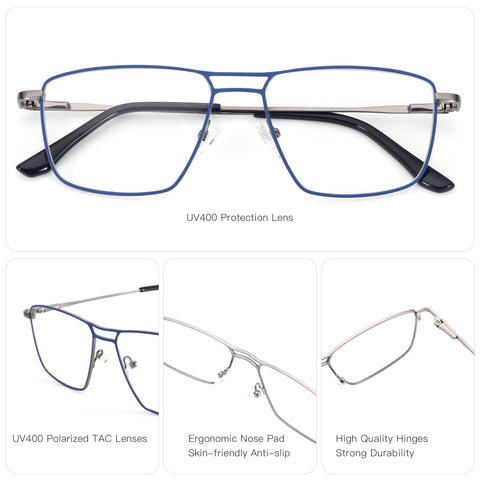 Zenottic Dustin eyeglasses: blue metal frame, silver temples, UV400 lenses, ergonomic nose pads, durable hinges.