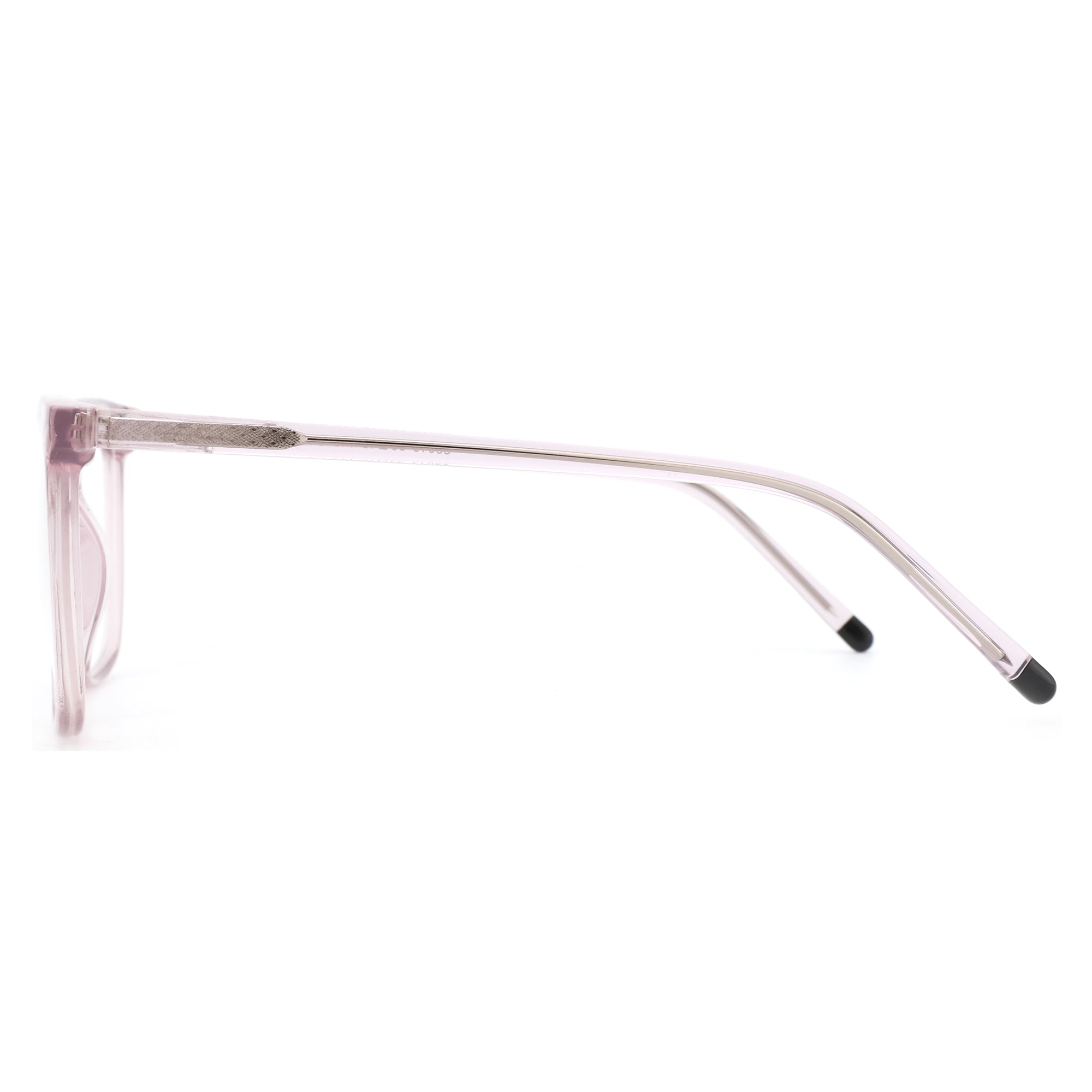 ZENOTTIC Catherine square eyeglasses, translucent pink plastic frame, patterned temple.