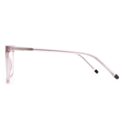 ZENOTTIC Catherine square eyeglasses, translucent pink plastic frame, patterned temple.