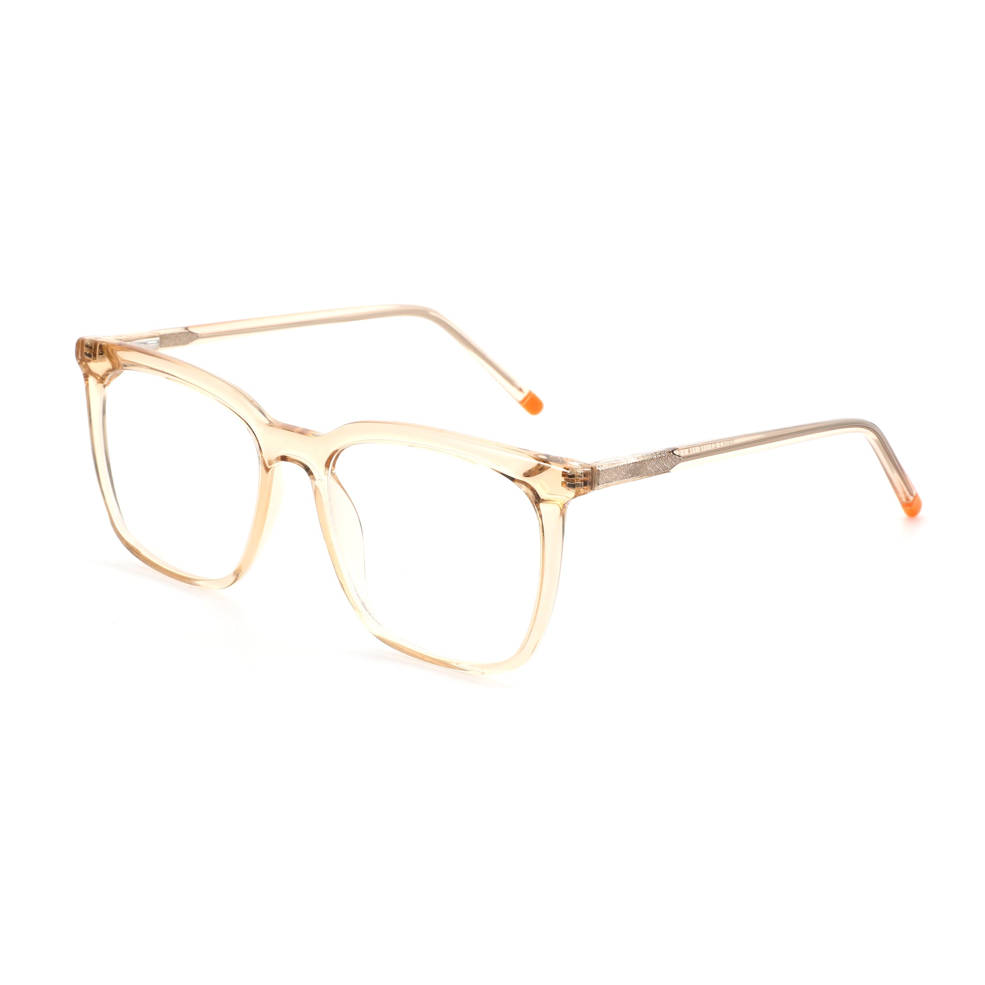 ZENOTTIC Catherine square eyeglasses in translucent champagne plastic with clear lenses and orange tips.