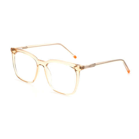 ZENOTTIC Catherine square eyeglasses in translucent champagne plastic with clear lenses and orange tips.