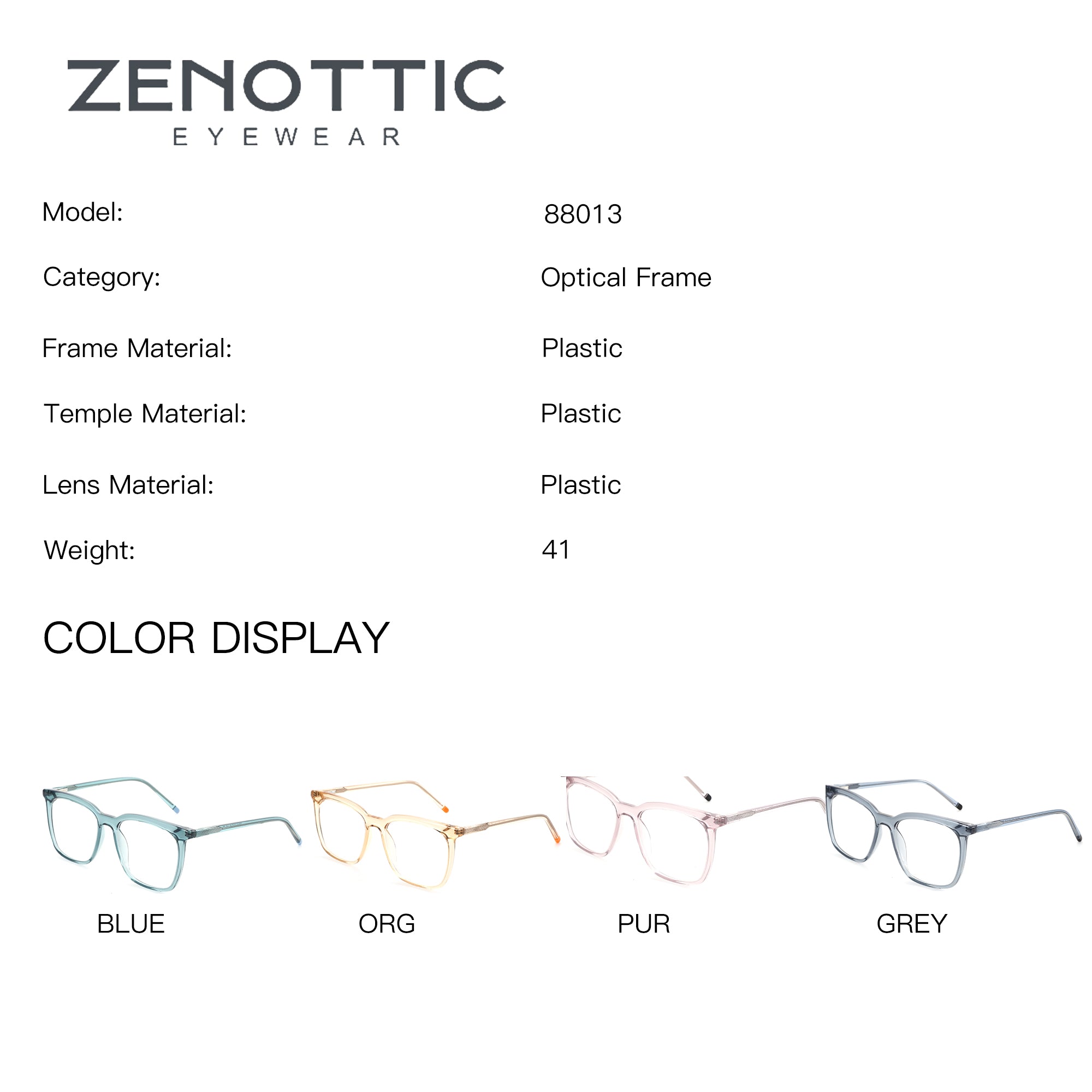 ZENOTTIC Catherine eyeglasses model 88013 in blue, org, purple, and grey plastic frames.