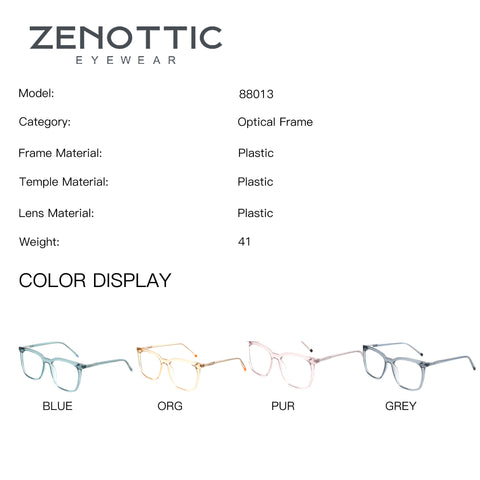 ZENOTTIC Catherine eyeglasses model 88013 in blue, org, purple, and grey plastic frames.