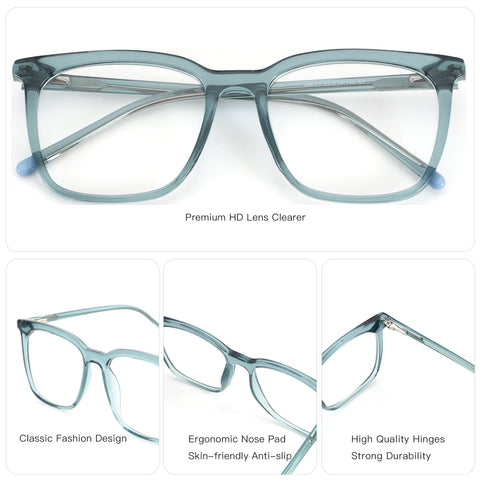 ZENOTTIC Catherine square eyeglasses, teal plastic frame with clear demo lenses.