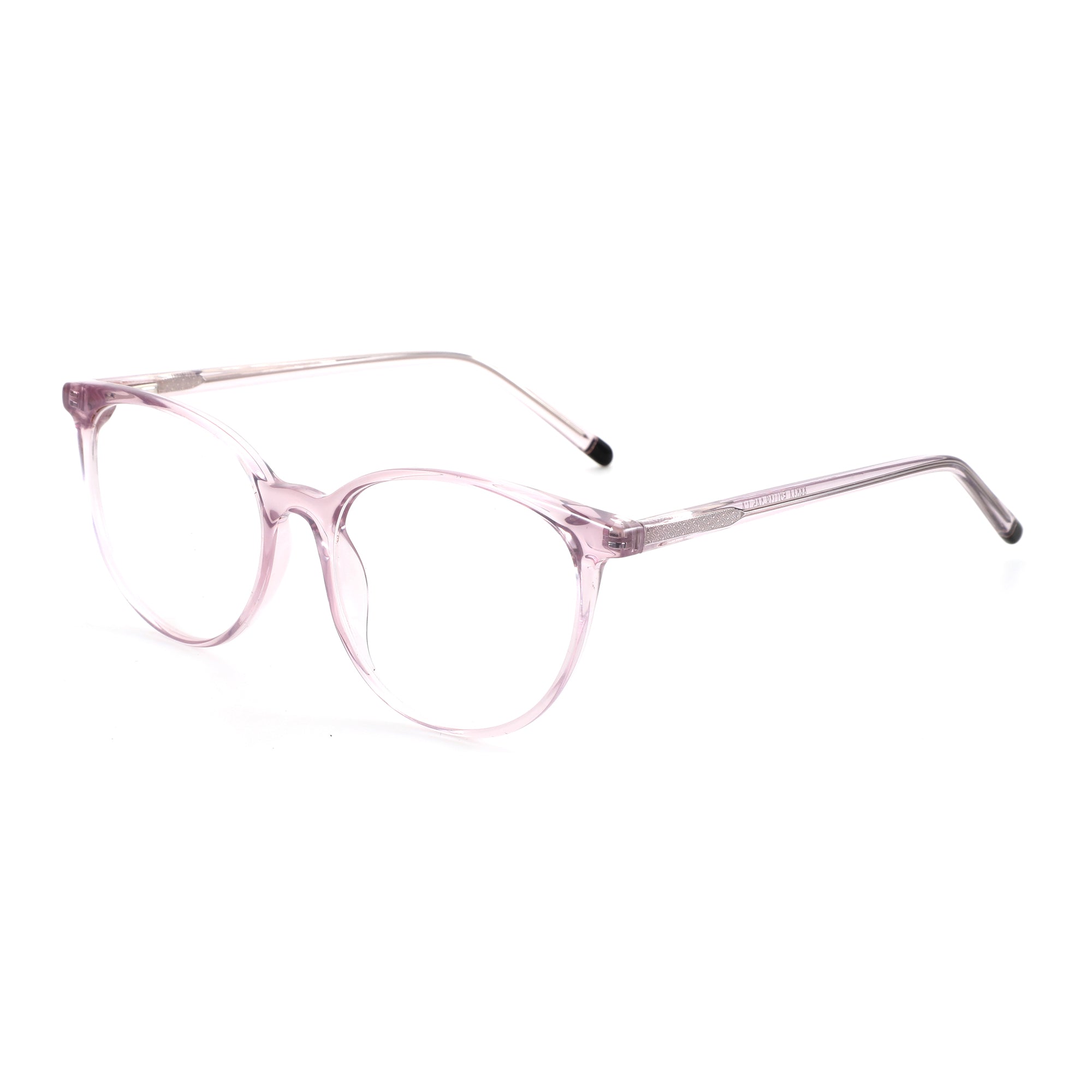 ZENOTTIC Mona round eyeglasses in translucent pink plastic with clear lenses and glitter temples.