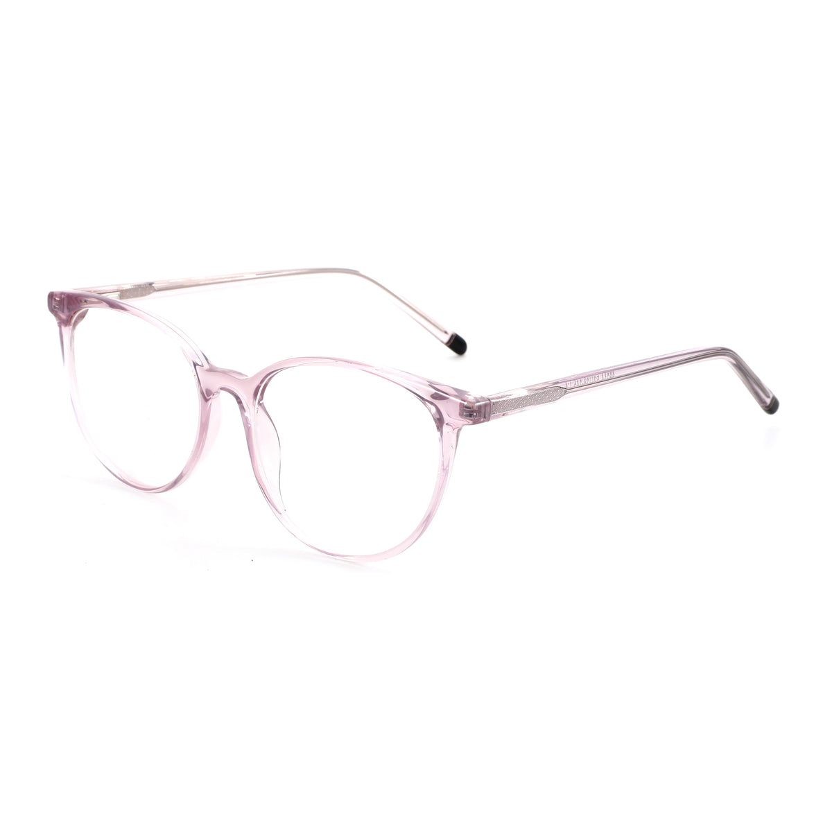 ZENOTTIC Mona round eyeglasses in translucent pink plastic with clear lenses and glitter temples.