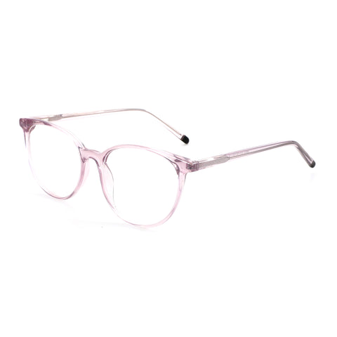 ZENOTTIC Mona round eyeglasses in translucent pink plastic with clear lenses and glitter temples.