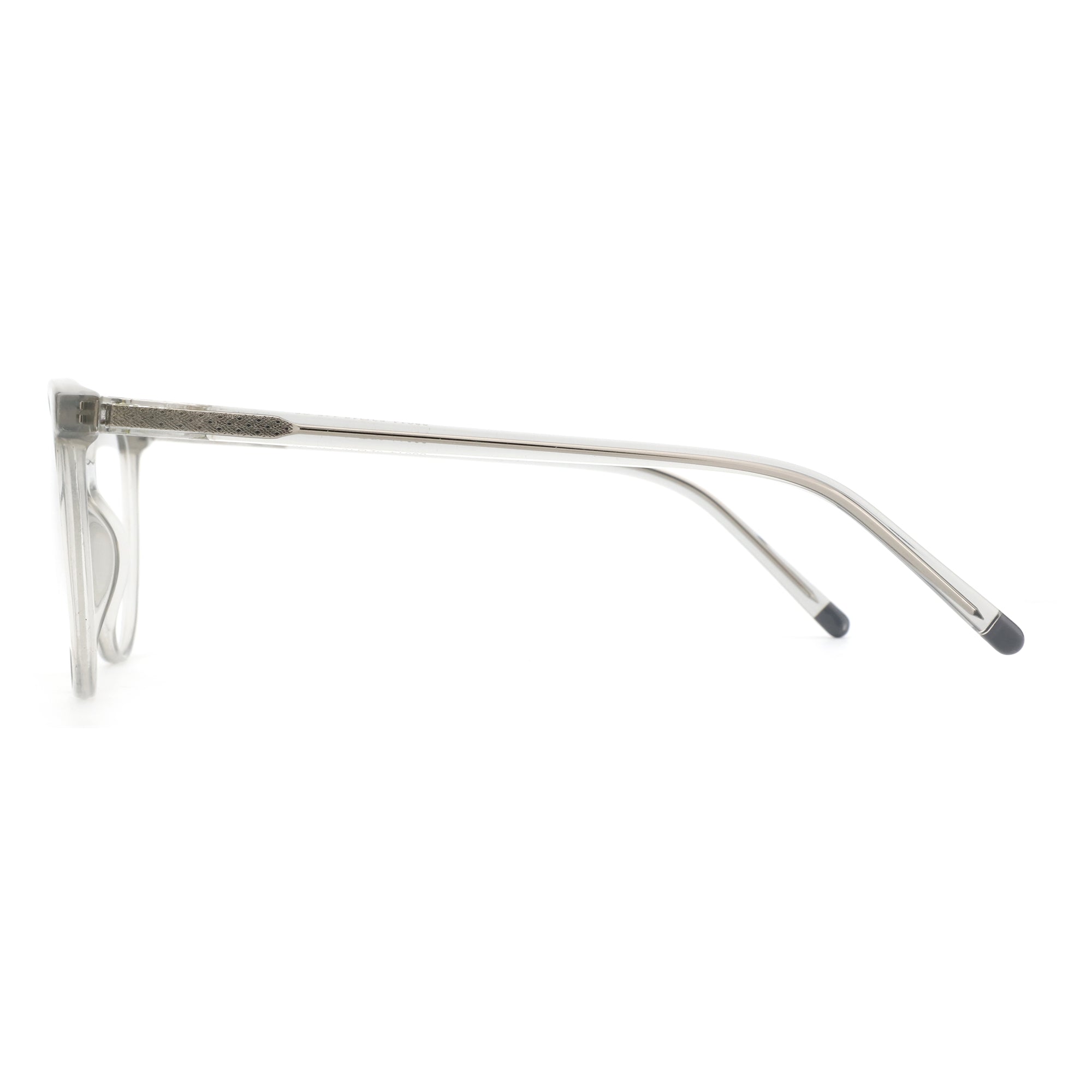 ZENOTTIC Mona eyeglasses: clear plastic round frame, side view, textured temple detail.