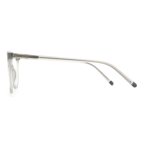 ZENOTTIC Mona eyeglasses: clear plastic round frame, side view, textured temple detail.