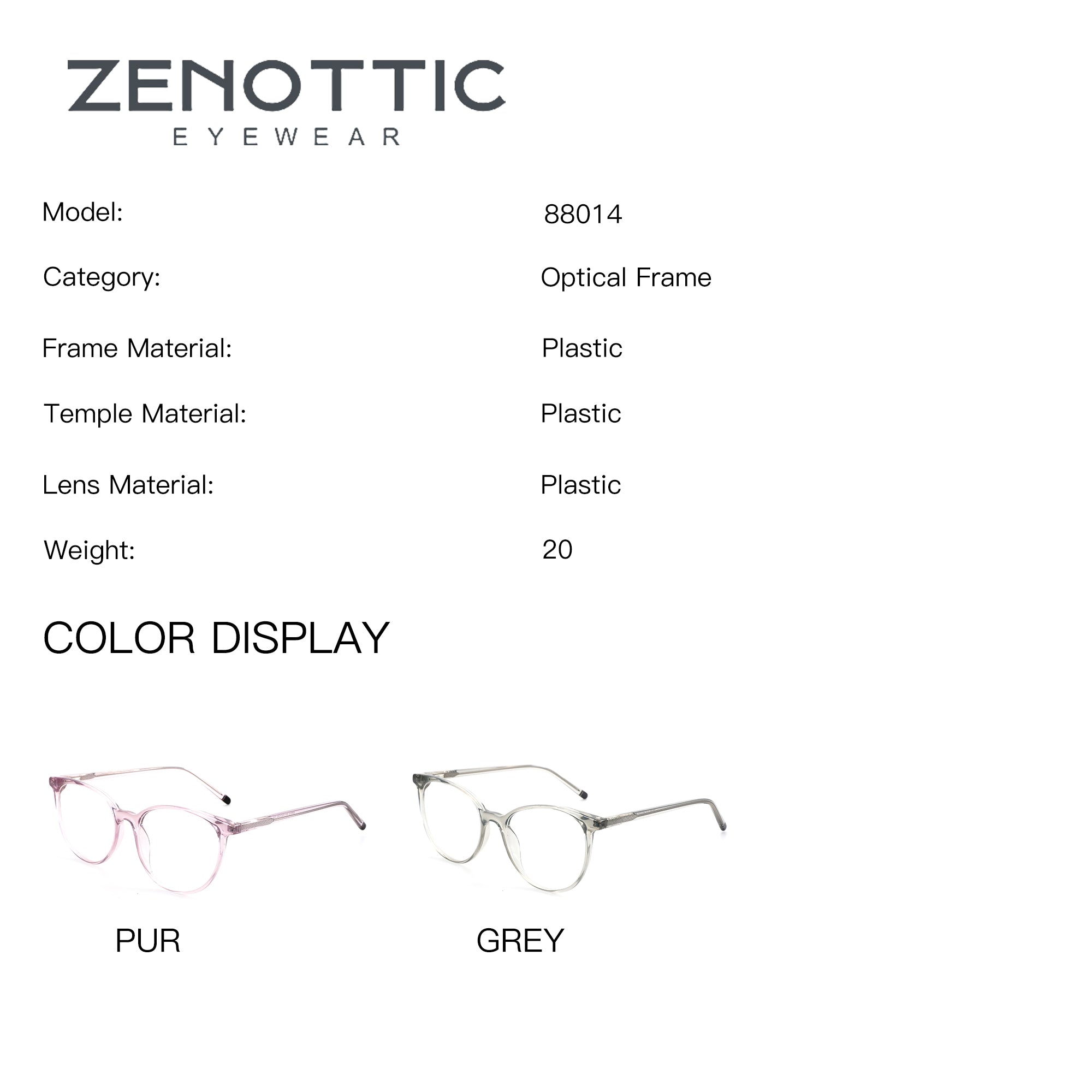 ZENOTTIC Mona round eyeglasses in PUR and GREY plastic frames with clear demo lenses.