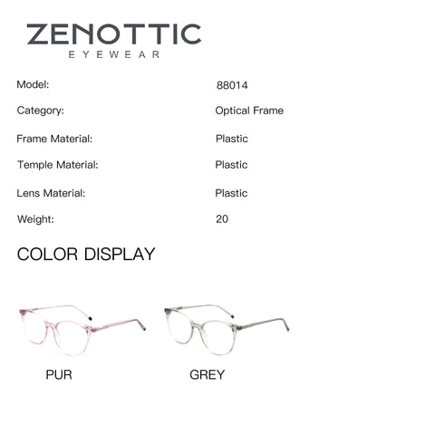 ZENOTTIC Mona round eyeglasses in PUR and GREY plastic frames with clear demo lenses.