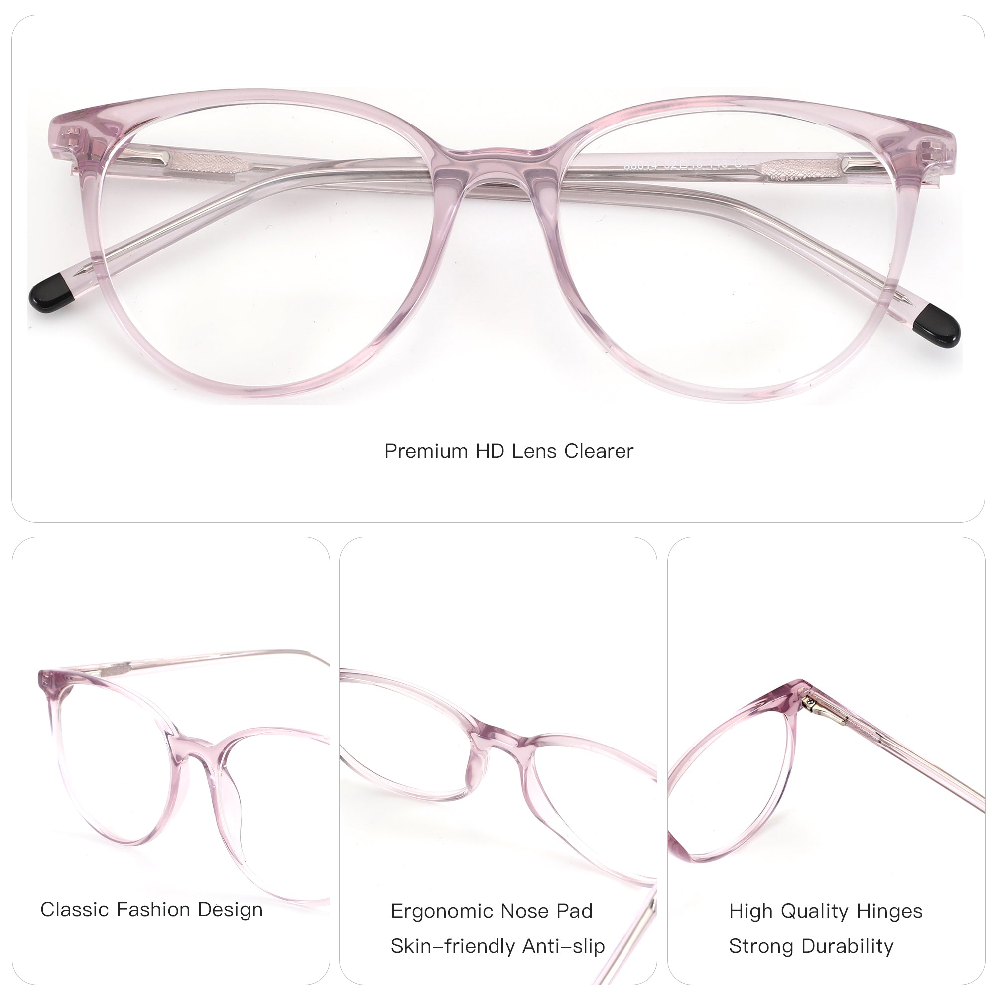 ZENOTTIC Mona round eyeglasses: pink plastic frame, clear lenses, classic fashion design.
