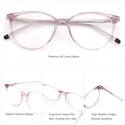 ZENOTTIC Mona round eyeglasses: pink plastic frame, clear lenses, classic fashion design.