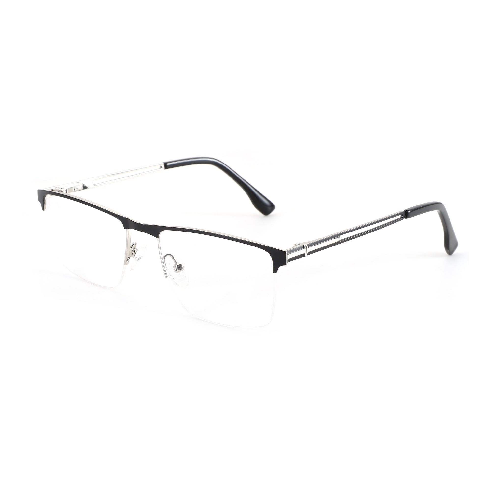 ZENOTTIC Alex eyeglasses: Black metal square half-rim frame with silver accents, clear demo lenses.