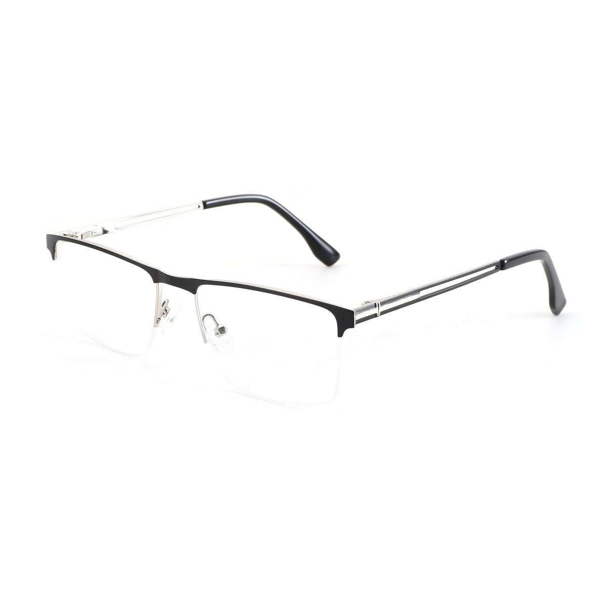 ZENOTTIC Alex eyeglasses: Black metal square half-rim frame with silver accents, clear demo lenses.