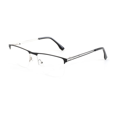 ZENOTTIC Alex eyeglasses: Black metal square half-rim frame with silver accents, clear demo lenses.