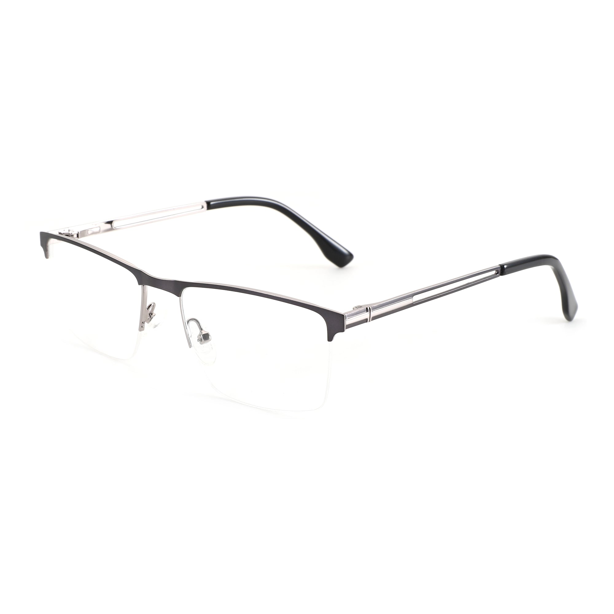 ZENOTTIC Alex black metal square semi-rimless designer eyeglasses with clear lenses.