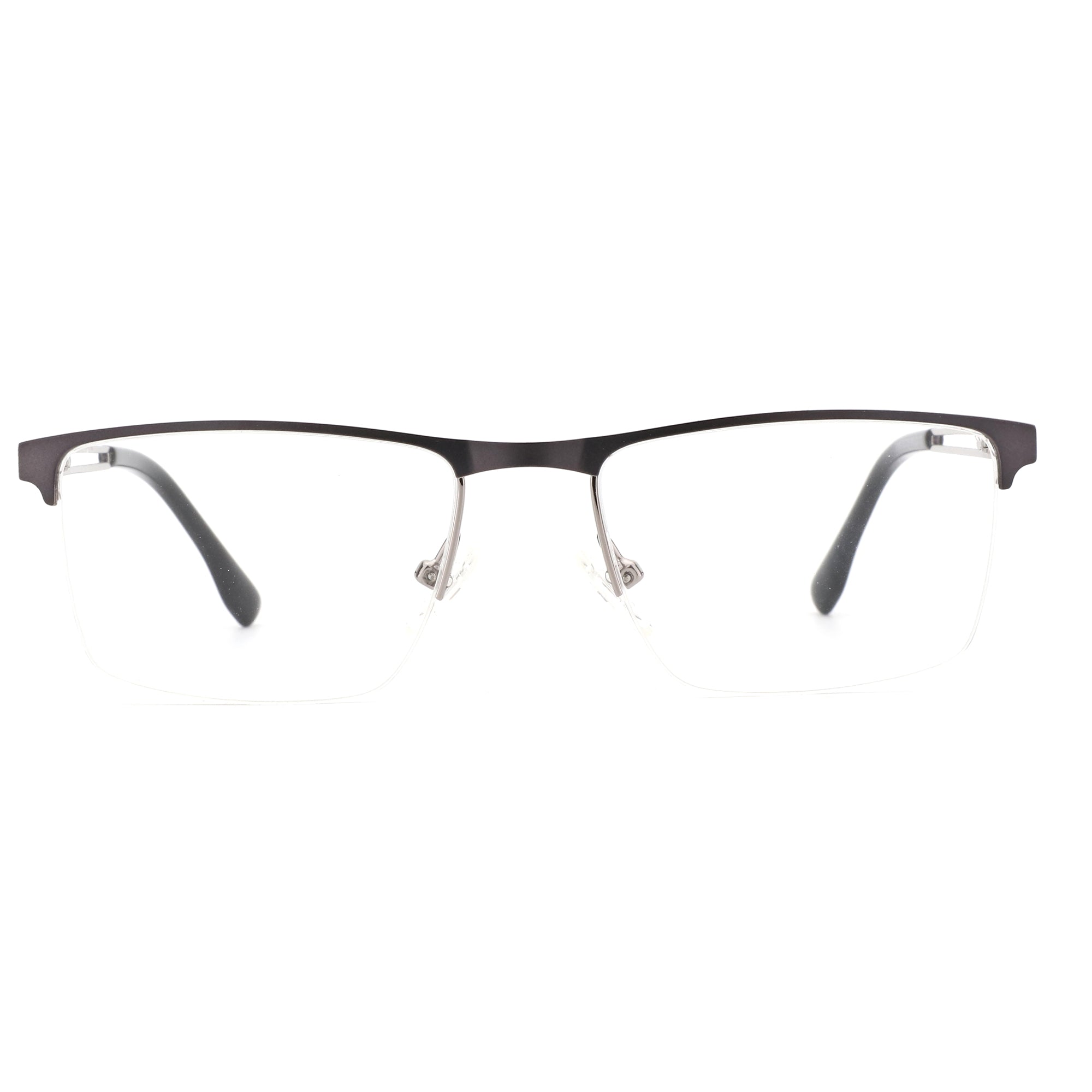 ZENOTTIC Alex metal square eyeglasses with semi-rimless design and clear lenses.
