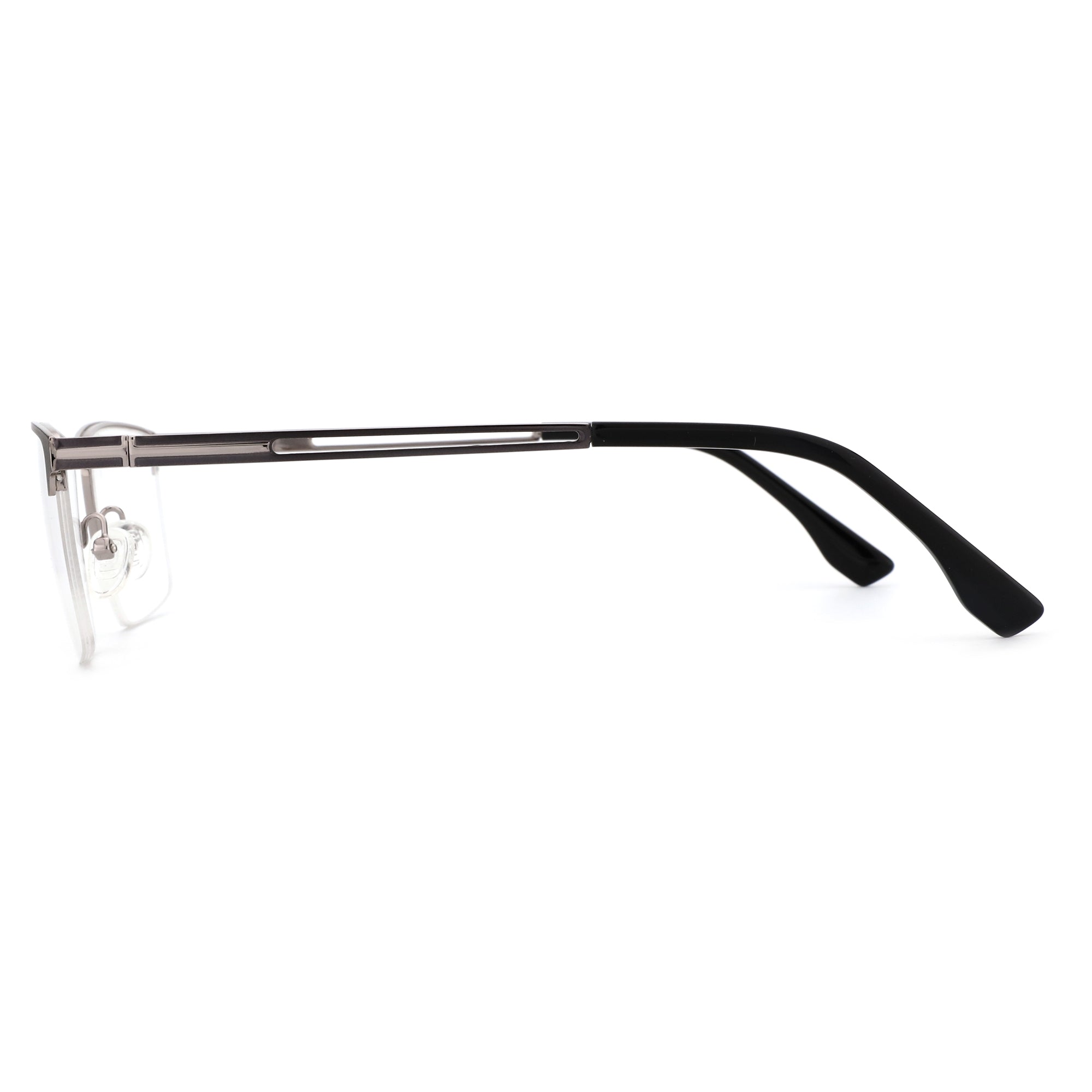 ZENOTTIC Alex eyeglasses: Silver metal square frame front, clear lens, black plastic temples.