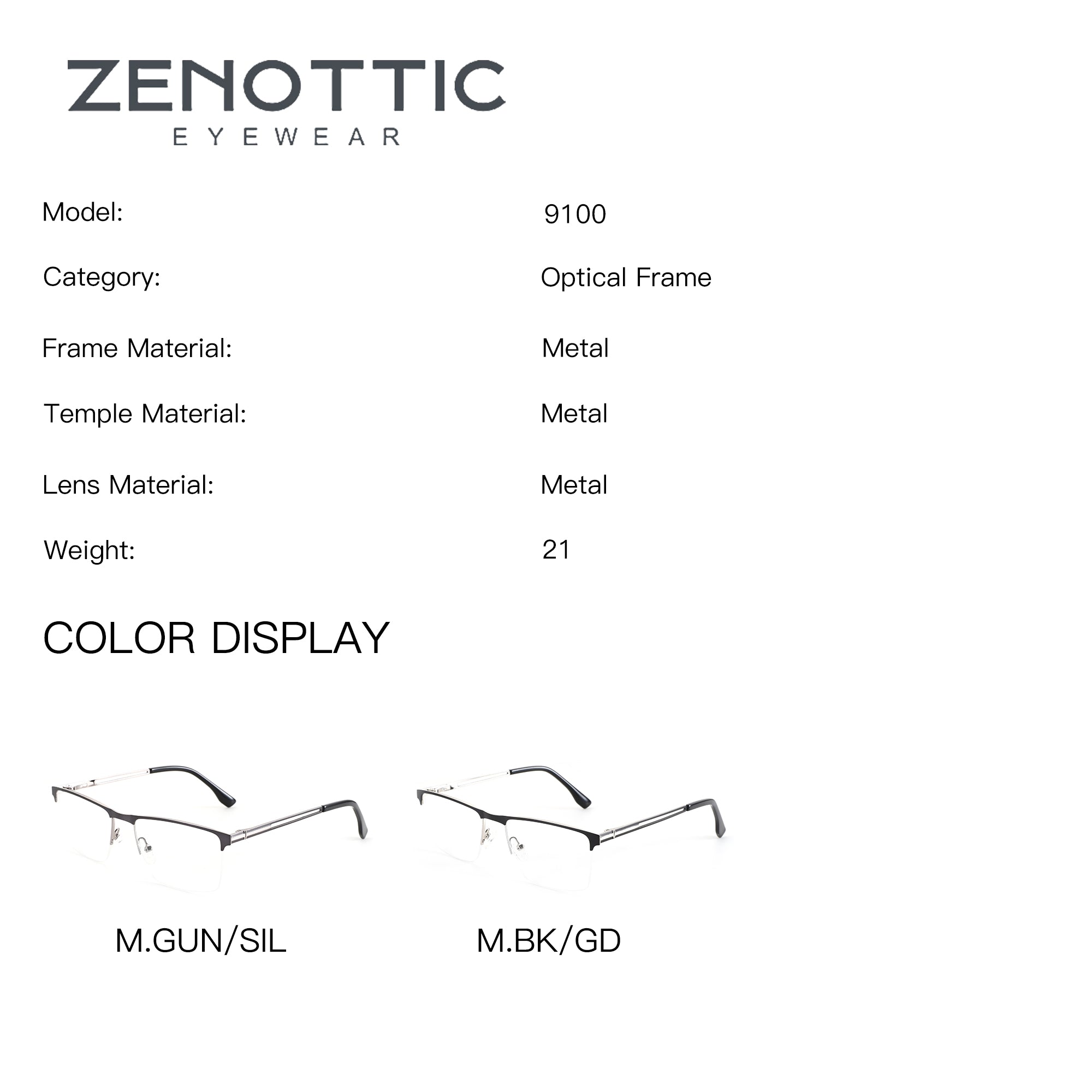 ZENOTTIC Alex eyeglasses Model 9100 metal frame M.GUN/SIL & M.BK/GD colors.