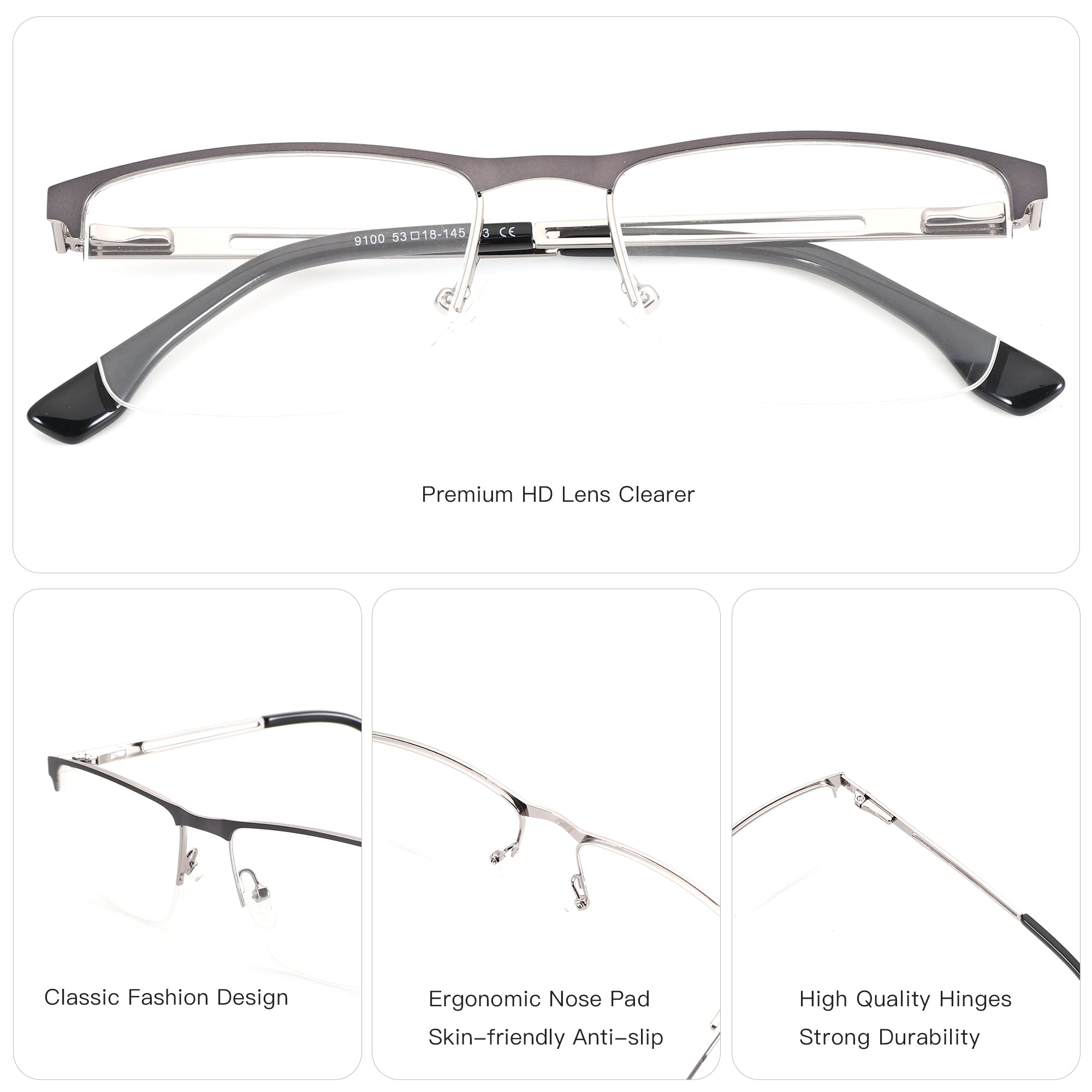 ZENOTTIC Alex cheap designer metal semi-rimless square eyeglasses clear lens 53-18-145