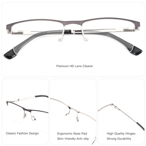 ZENOTTIC Alex cheap designer metal semi-rimless square eyeglasses clear lens 53-18-145